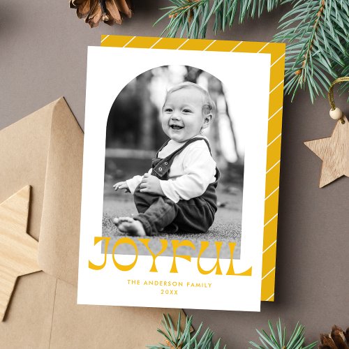 Retro Yellow Joyful Arch Photo Holiday Card