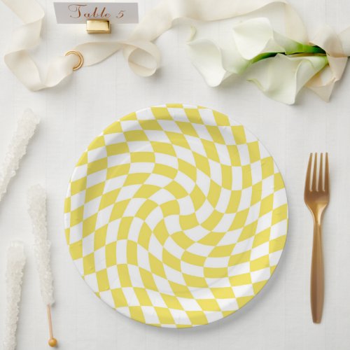 Retro Yellow Lemon Checked Warped Checkerboard Paper Plates