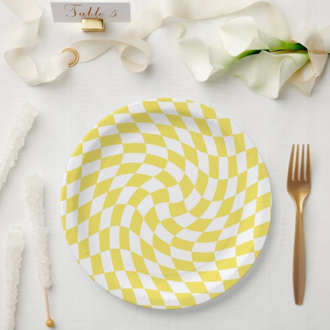Retro Yellow Lemon Checked Warped Checkerboard Paper Plates (Wedding)