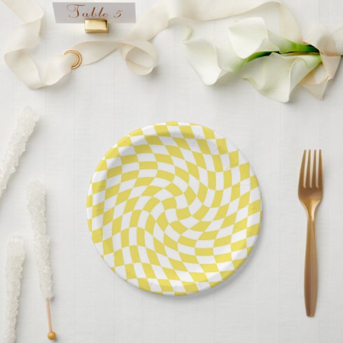 Retro Yellow Lemon Checked Warped Checkerboard Paper Plates