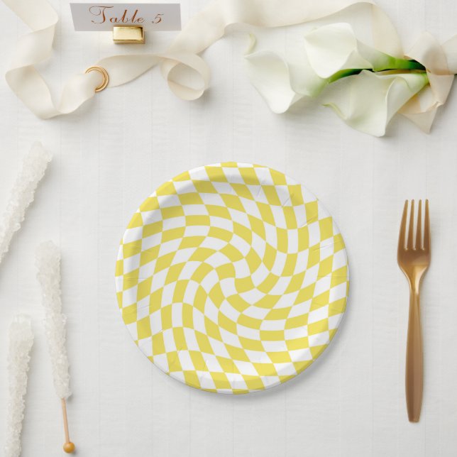 Retro Yellow Lemon Checked Warped Checkerboard Paper Plates (Wedding)