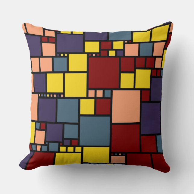 Retro Yellow Maroon Purple Squares Pattern Throw Pillow (Front)