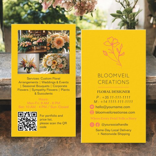 Retro yellow minimalist florist photos qr code business card