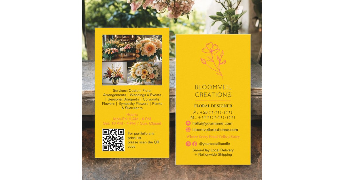 Retro yellow minimalist florist photos qr code business card | Zazzle