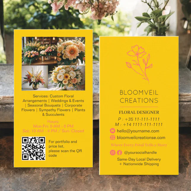 Retro yellow minimalist florist photos qr code business card | Zazzle