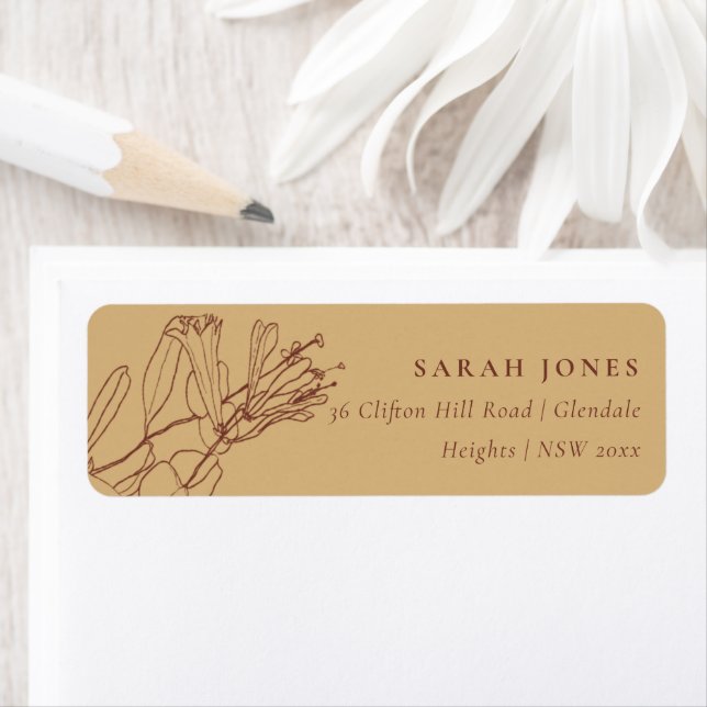 RETRO YELLOW OCHRE LINE DRAWING FLORAL ADDRESS LABEL (Insitu)
