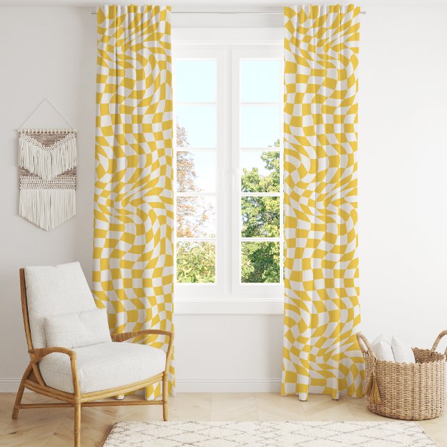 Retro Yellow Optical Illusion Wavy Checkered Blackout Curtains (Creator Uploaded)