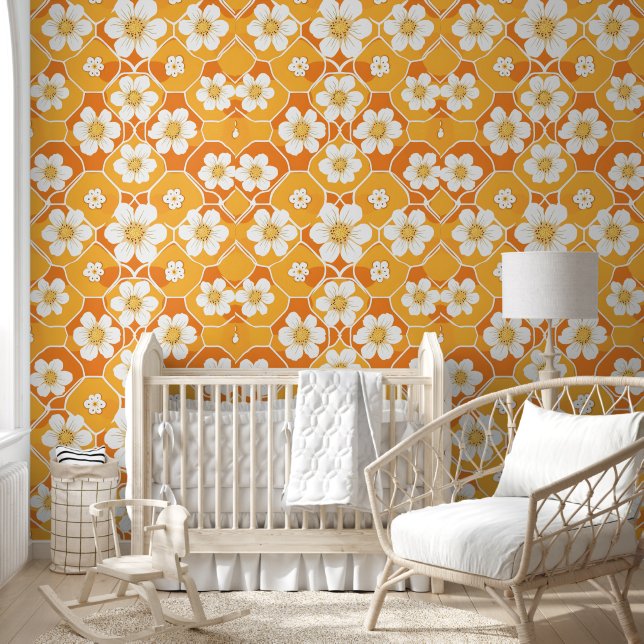 Retro Yellow Orange Flower Daisies Floral Pattern Wallpaper (Kids)