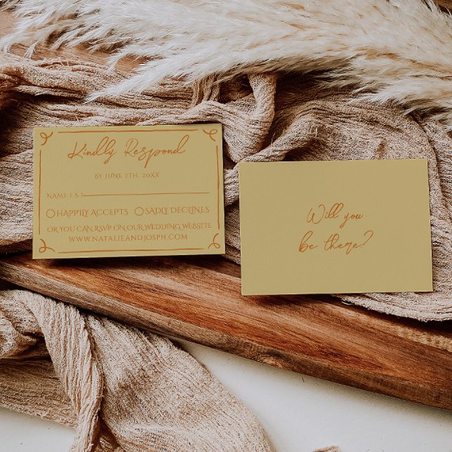 Retro Yellow Orange Hand Written Drawn Wedding RSVP Card (Creator Uploaded)