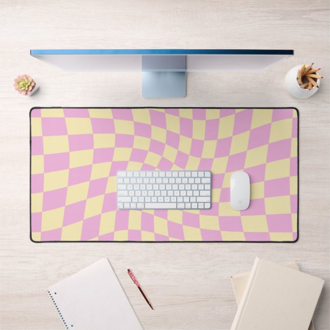 Retro Yellow Pink Checked Warped Checkered  Desk Mat (Office 1)
