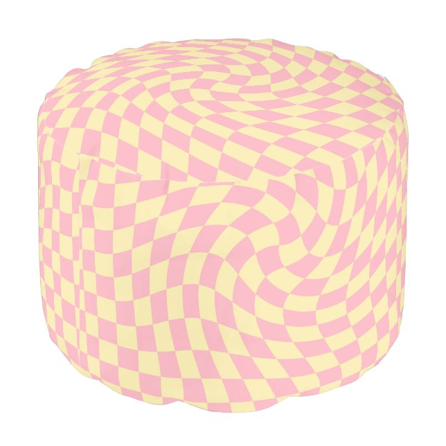 Retro Yellow Pink Groovy Warped Check Checkered   Pouf (Angled Back)