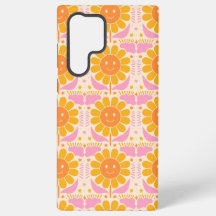 Retro Yellow Pink Happy Face Flower Pattern