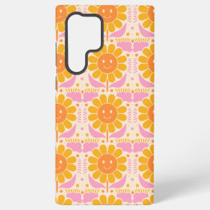 Retro Yellow Pink Happy Face Flower Pattern Samsung Galaxy S22 Ultra Case