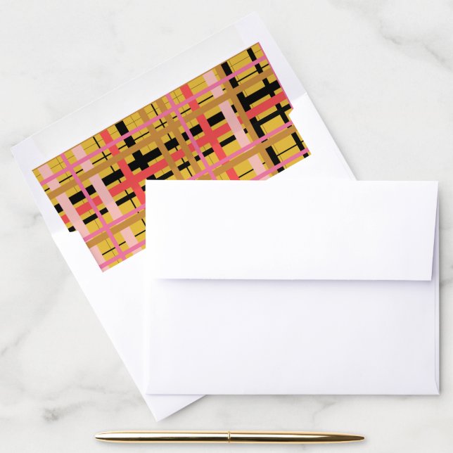 Retro Yellow Plaid Pattern Chic Invitation Envelope Liner (Desk)