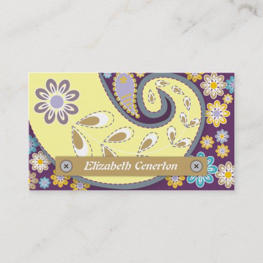 Customizable Retro yellow, plum paisley motif floral business card template