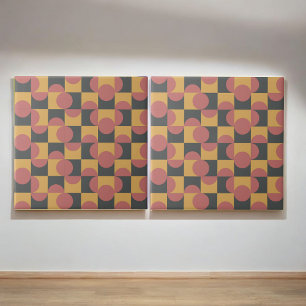 Retro Yellow Red Black Half Circle Checkered  Ceramic Tile