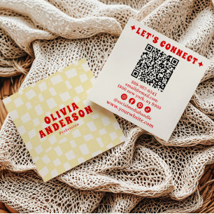 Retro Yellow Red QR Code Groovy Checkered Boho Square Business Card