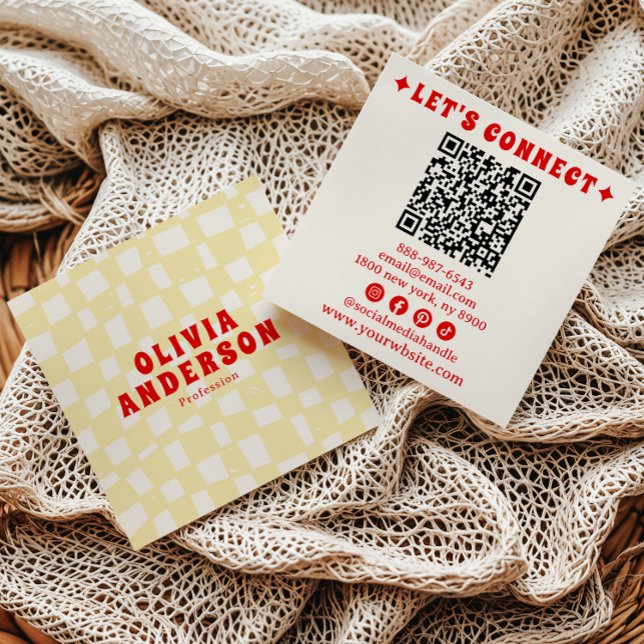 Retro Yellow Red QR Code Groovy Checkered Boho Square Business Card (Creator Uploaded)