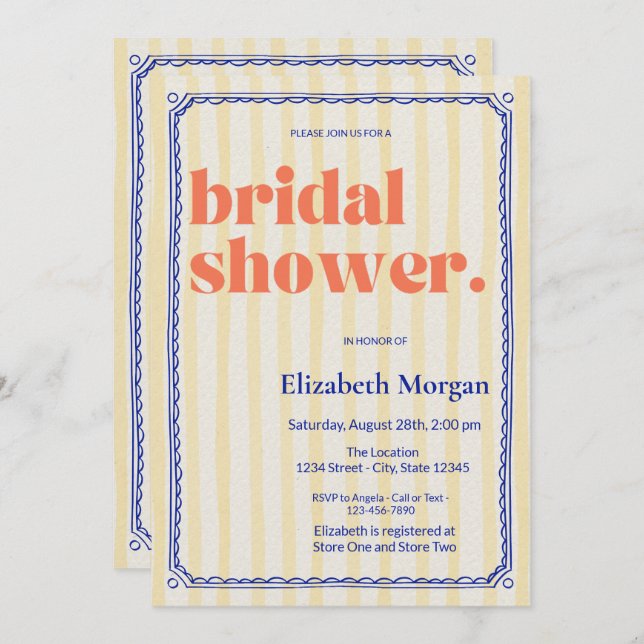  Retro Yellow Stripes Blue Frame Bridal Shower Invitation (Front/Back)