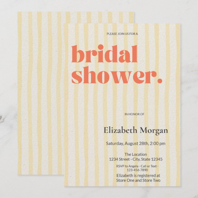 Retro Yellow Stripes Simple Bridal Shower Invitation (Front/Back)
