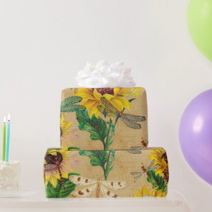 Retro Yellow Sunflower Dragonflies Insect Wrapping Paper