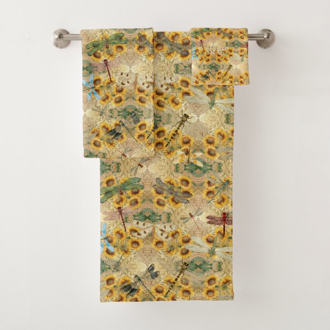  Retro Yellow Sunflower Multicolored Dragonflies Bath Towel Set (Insitu)