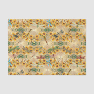 Retro Yellow Sunflower Multicolored Dragonflies Tissue Paper
