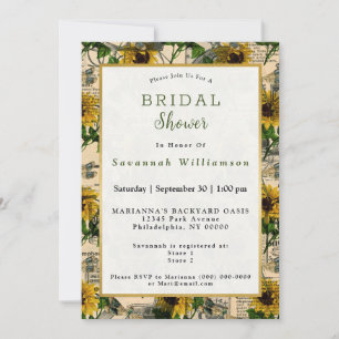 Retro Yellow Sunflower Newspaper Bridal Shower Invitation