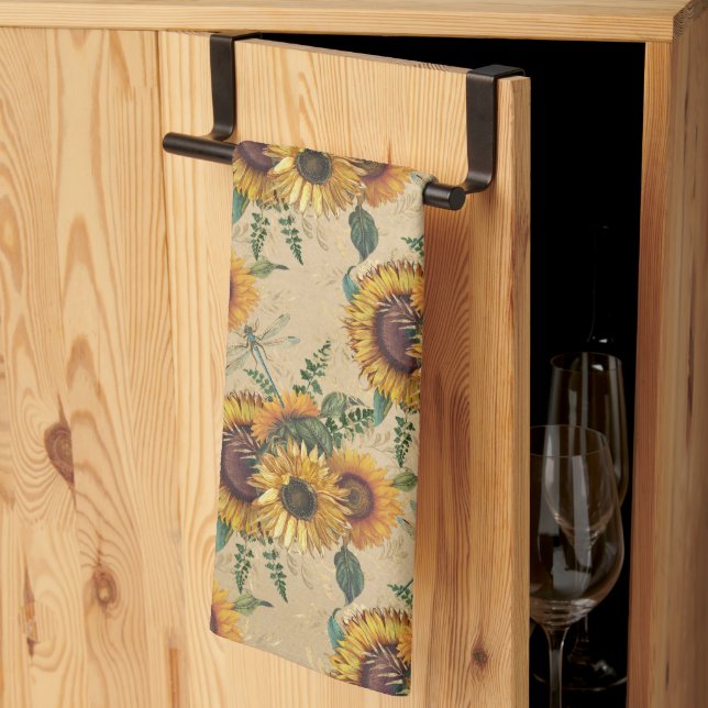 Retro Yellow Sunflowers Bouquet Dragonflies Kitchen Towel (Thirds Fold)