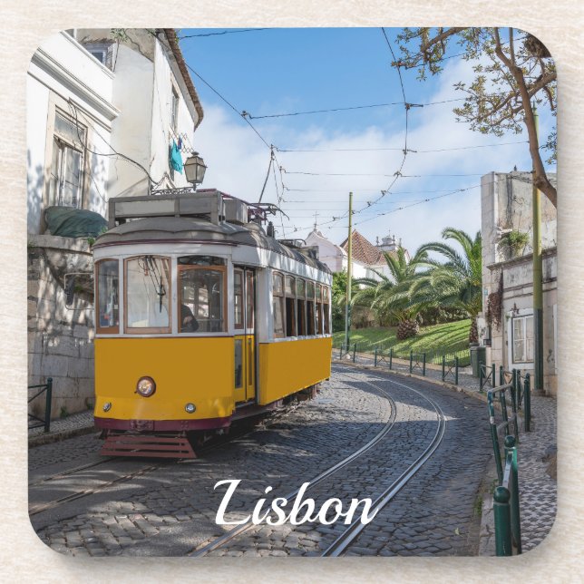 Retro yellow tram on street in Lisbon, Portugal Beverage Coaster (Front)