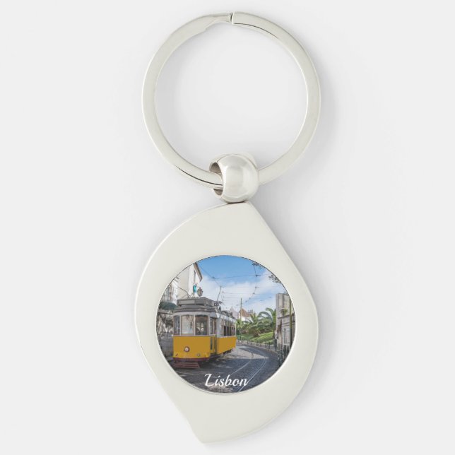 Retro yellow tram on street in Lisbon, Portugal Keychain (Front)