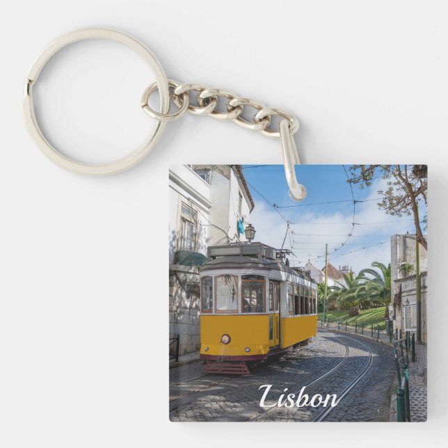 Retro yellow tram on street in Lisbon, Portugal Keychain (Front)