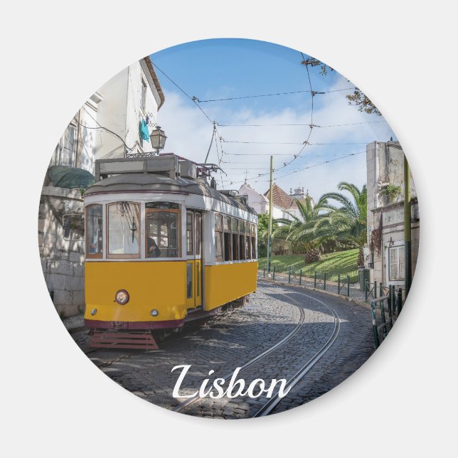 Retro yellow tram on street in Lisbon, Portugal Magnet (Front)