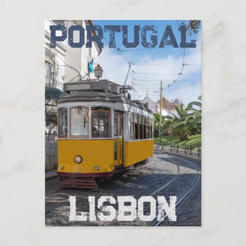Retro yellow tram on street in Lisbon Portugal Postcard