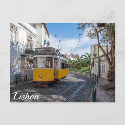 Retro yellow tram on street in Lisbon Portugal Postcard