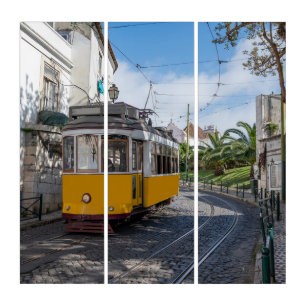 Retro yellow tram on street in Lisbon, Portugal Triptych