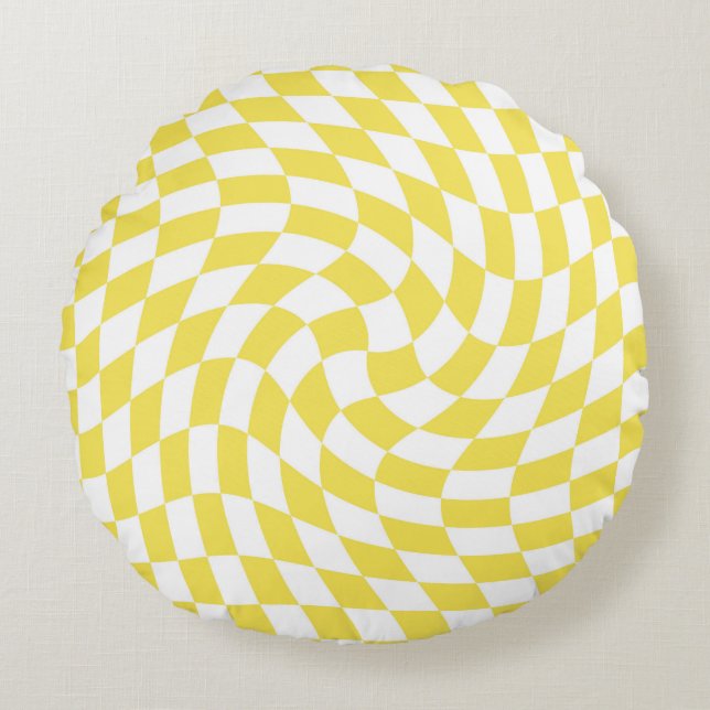 Retro Yellow White Checks Warped Checkered   Round Pillow (Front)