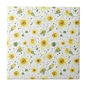 Retro Yellow White Daffodils and Polka Dot Flowers Ceramic Tile