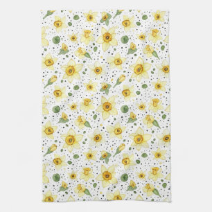 Retro Yellow White Daffodils and Polka Dot Flowers Kitchen Towel