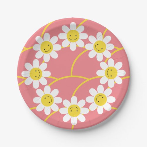 Retro Yellow White Daisy Pattern for Baby Shower Paper Plates