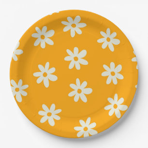 Retro Yellow White Floral Simple Flower Pattern Paper Plates
