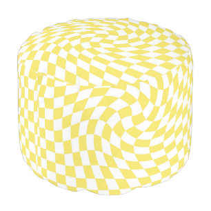 Retro Yellow White Groovy Warped Check Checkered Pouf