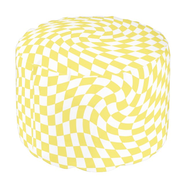 Retro Yellow White Groovy Warped Check Checkered Pouf (Angled Back)