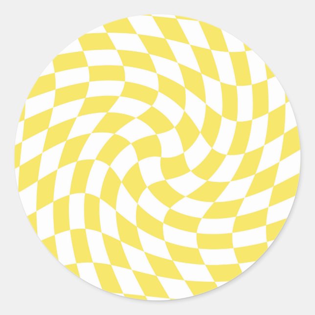 Retro Yellow White Warped Checks Checkered    Classic Round Sticker (Front)