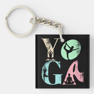 Retro Yoga Typography with Silhouettes of Poses  Keychain