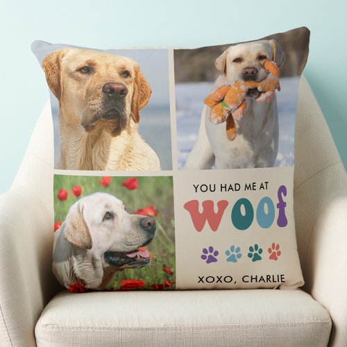 Retro You Had Me WOOF Custom 3 Photo Collage Dog Throw Pillow