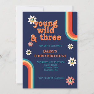 Retro Young Wild and Three Birthday Invitation