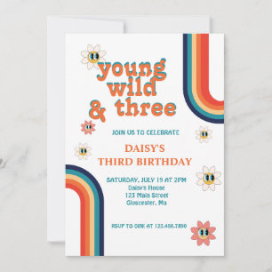 Retro Young Wild and Three Birthday Invitation