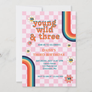 Retro Young Wild and Three Birthday Invitation