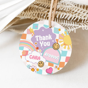 Retro Young Wild and Three Birthday Party Round Favor Tags